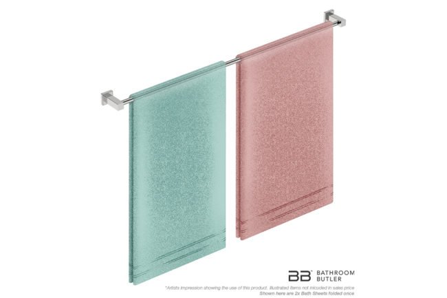 Single Towel Bar 1100mm 8578 with artists impression of two single folded bath sheets - Bathroom Butler