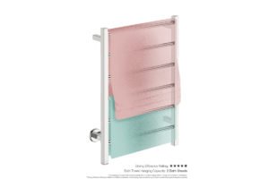Contour 6 Bar 530mm Heated Towel Rack with PTSelect Switch showing artists impression of two bath sheets folded twice on the long side - Bathroom Butler