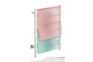 Cubic 6 Bar 530mm Heated Towel Rack with PTSelect Switch showing artists impression of two bath sheets folded twice on the long side - Bathroom Butler