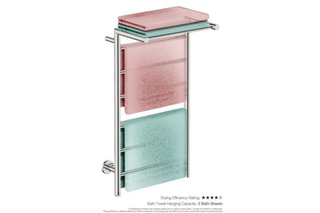 Edge 10 Bar 500mm Heated Towel Rack with PTSelect Switch showing artists impression of folded bath sheets - Bathroom Butler