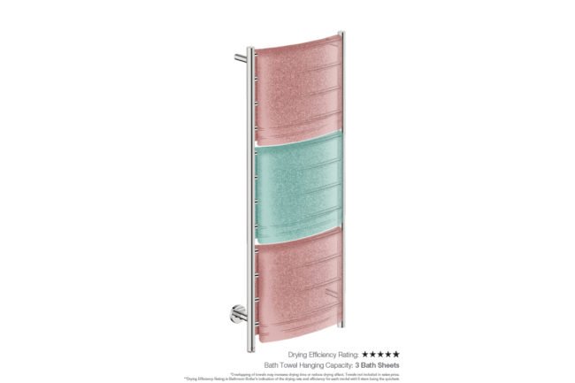 Natural 12 Bar 500mm/20" Heated Towel Rack Curved with PTSelect Switch showing artists impression of three bath sheets folded twice on the long side - Bathroom Butler