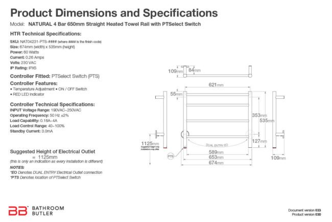 Specifications and Dimensions for NATURAL 4 Bar 650mm-STR-PTS