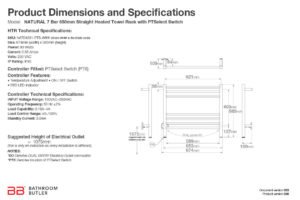 Specifications and Dimensions for NATURAL 7 Bar 650mm-STR-PTS