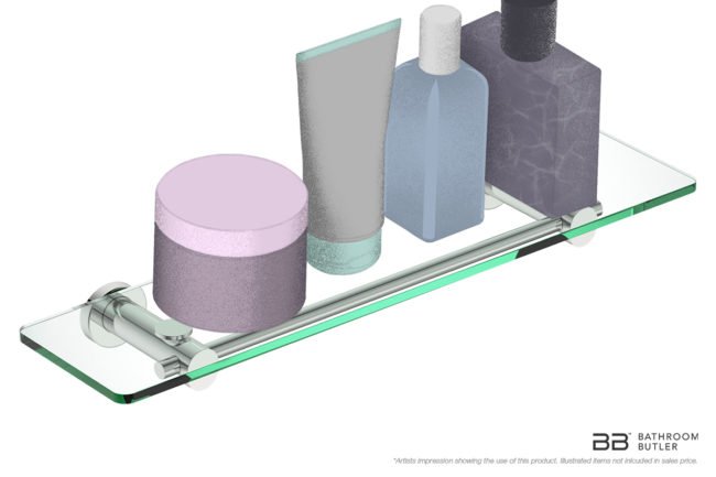 Glass Shelf 500mm 4825 showing artists impression with bathroom products