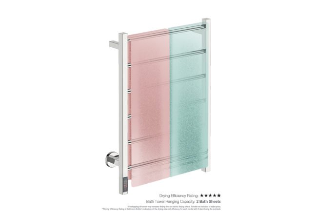 Contour 6 Bar 530mm Heated Towel Rack with TDC Timer showing artists impression of two bath sheets folded twice on the short side - Bathroom Butler