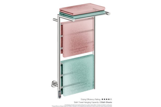 Edge 10 Bar 500mm Heated Towel Rack with TDC Timer showing artists impression of folded bath sheets - Bathroom Butler