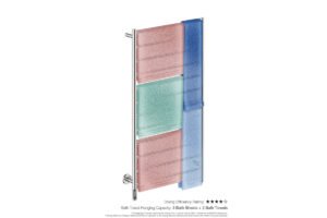 Natural 12 Bar 650mm Heated Towel Rack Straight with TDC Timer showing artists impression of folded bath sheets and bath towels - Bathroom Butler