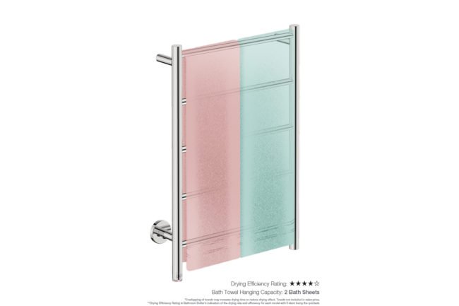 Natural 5 Bar 500mm Heated Towel Rack Straight with PTSelect Switch showing artists impression of two bath towels folded twice on the short side - Bathroom Butler