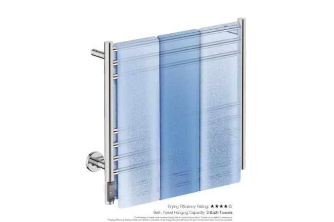 Natural 7 Bar 650mm Heated Towel Rack Straight with TDC Timer showing artists impression of three bath towels folded twice on the short side - Bathroom Butler