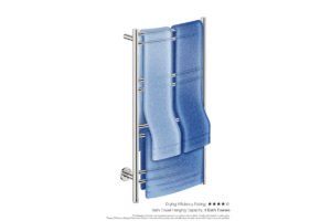 Natural 8 Bar 500mm Heated Towel Rack Curved with PTSelect Switch showing artists impression of three folded bath towels - Bathroom Butler