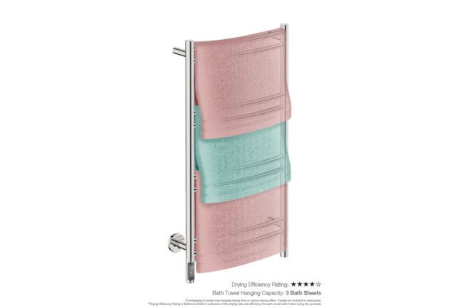 Natural 8 Bar 500mm Heated Towel Rack Curved with TDC Timer showing artists impression of three bath sheets folded twice on the long side- Bathroom Butler