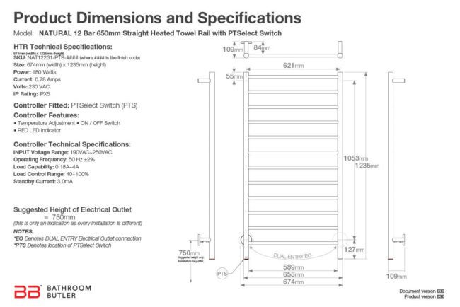 Specifications and Dimensions for NATURAL 12 Bar 650mm-STR-PTS
