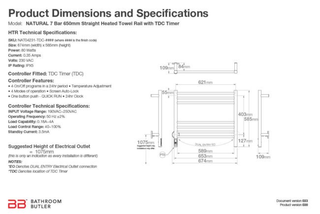 Specifications and Dimensions for NATURAL 7 Bar 650mm-STR-TDC