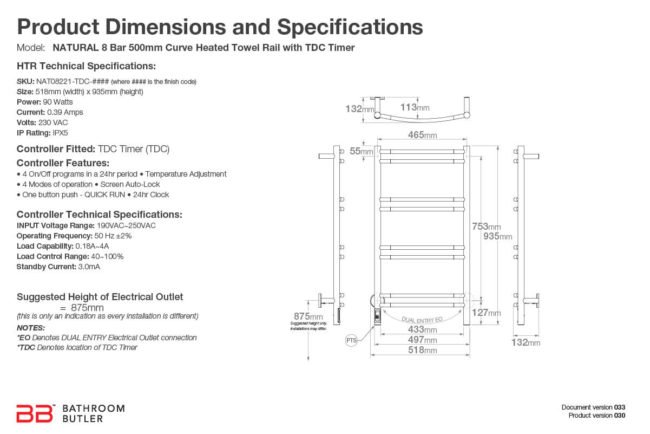 Specifications and Dimensions for NATURAL 8 Bar 500mm-CRV-TDC