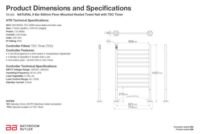 Specifications and Dimensions for NATURAL FM 9 Bar 650mm-STR-TDC